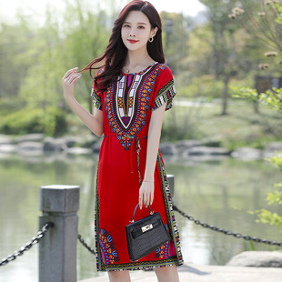 2021 Middle-aged and Elderly Women's Summer Dress Ethnic-style Cotton Silk Dress Mother's Printed Large Size Sleeping Dress Short-sleeved Dress