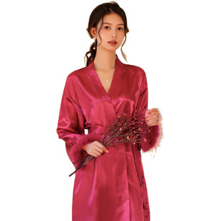New Wedding Pajamas Women's Ice Silk Bridesmaid Morning Robe 2024 Spring and Summer Long Sleeve Cardigan Feather Women's Home Clothes