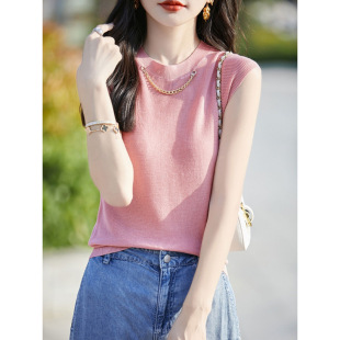 2025 Summer New Tencel Sweater Round Neck Short Sleeve Necklace Solid Color Outer Wear Elegant All-match Sleeveless Top