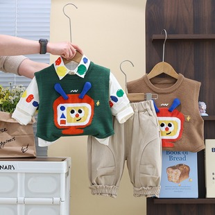 Boys' Sweater Vest Shirt Long Sleeve Three-Piece Set for Boys and Baby 2025 Spring New Casual Trousers for suit