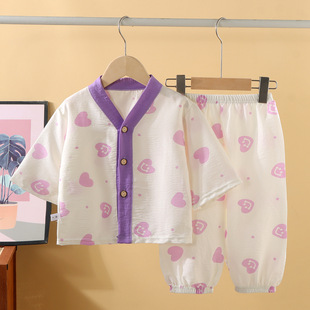 Children's Cardigan Seven-Sleeve Home Clothes Baby Summer Air-conditioning Clothes for Boys and Girls Korean Style Thin Baby Home Pajamas
