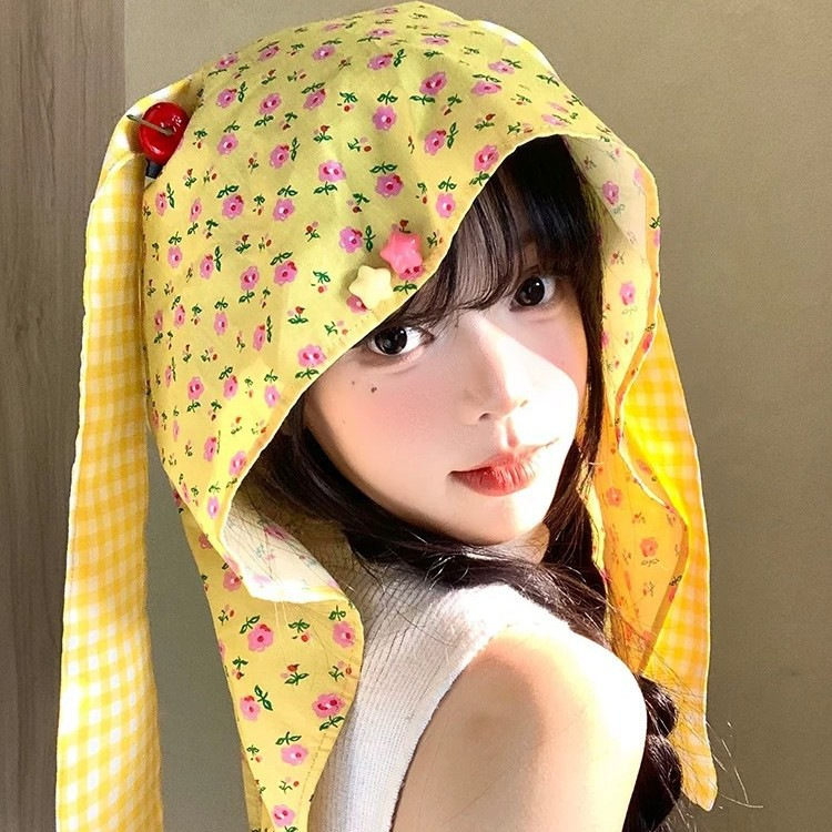 Cute Cherry Floral Rabbit Ear Tie Headscarf Hat for Women, Spring and Summer Niche Style, Face-Slimming Pullover Headwrap Hat