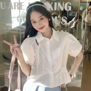 Niche Short-sleeved Shirt Women's Summer New French Style Design Drawstring Hollow Short Top All-match Sweet Shirt
