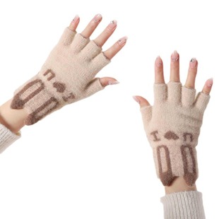 2024 new gloves women's winter cute open finger Korean students winter fleece-lined thick warm writing half finger cold
