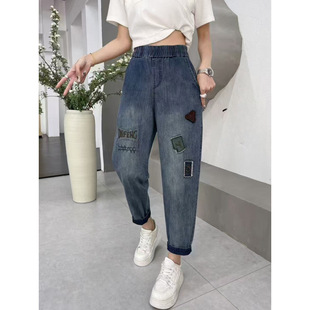Cross-Border Foreign Trade Export Summer New Retro Patch Embroidered Jeans Women's Loose Large Size Curled Nine-Point Harem Pants