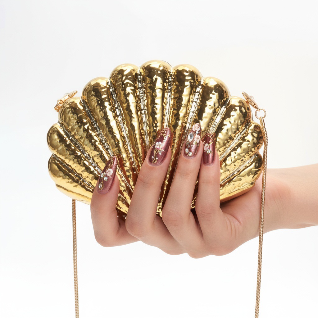 2025 New PVC Gold Shell Evening Bag with Chain Design, Niche Style, Women's Handbag, Mini Clutch