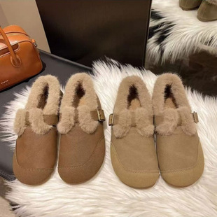 2025 Winter New Retro Velvet Round Toe Slip-On Wholesale Warm Beanie Shoes for Women Nubuck Leather Cotton Shoes Cross-Border