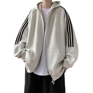 cityboy Japanese Style Retro Double-head Cardigan Sweater for Boys Autumn and Winter Loose Hooded Jacket for Teenagers