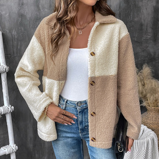 AliExpress cross-border new 2024 autumn Europe and the United States casual cardigan color matching lapel particle wool padded coat women