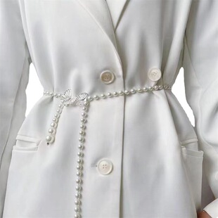 New Internet Popular Large and Small Butterfly Handmade Pearl Waist Chain Alloy Fashion All-match dress Suit Girl's Thin Belt