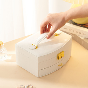 Leather double-layer storage jewelry box with lock necklace earrings jewelry storage box with lens household high-end jewelry box