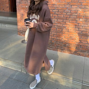 Autumn and Winter Korean Style fleece-lined Thickened Over-the-Knee Long Hooded Sweatshirt Women's Loose Fat plus size Women's Printed Top Jacket