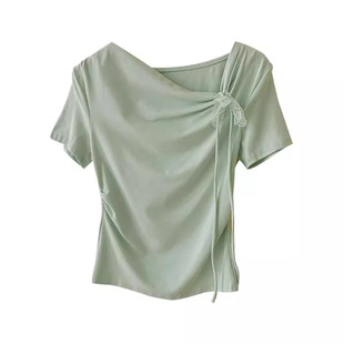 Design Sense New Summer Irregular Pleated Turtleneck Bow Short Slimming Short Sleeve Base Shirt