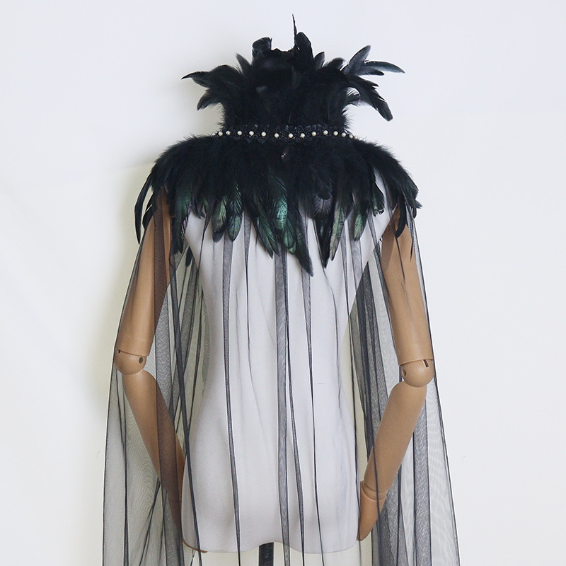 New Halloween Ball Mesh Feather Pearl Bow Cape Shawl Cape Long Skirt Party Stage Performance