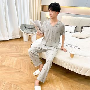 New men's short-sleeved Summer Cloud cotton pajamas suit loose teenagers plus size cotton silk thin homewear