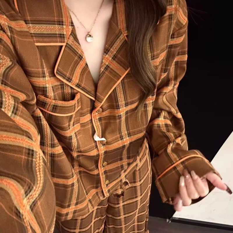 Trendy Korean-Style Plaid Pajamas for Women, Long-Sleeve and Long-Pants Loungewear, Official 2026 Spring/Autumn Collection
