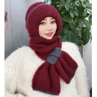Hat Women's Scarf Integrated Wind and Snow Hat fleece-lined Wool Hat Ear Protection Knitted Hat New Style Scarf Winter Warm Hooded