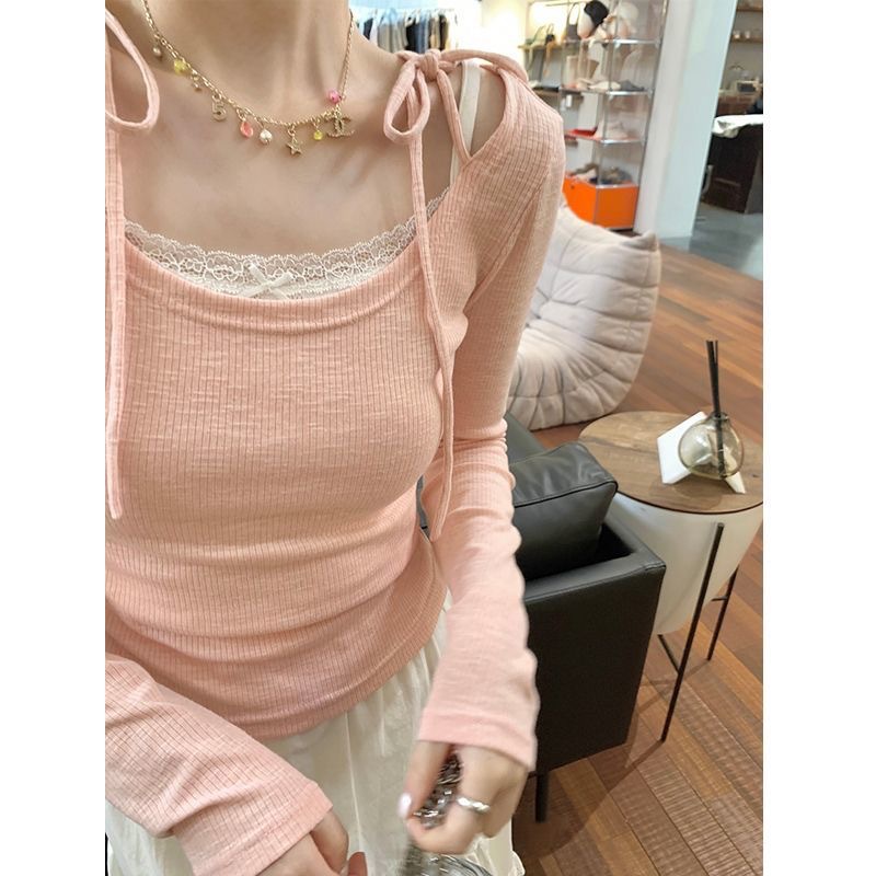 Sweet ballet-style women's t-shirt, new early spring design, lace-up short fake two-piece inner layer, slimming top