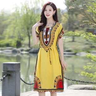Mid-Length Ethnic Style Nightgown Middle-Aged Women's Short-Sleeved Seaside Skirt Loose Over-the-Knee Mother's Cotton Silk Dress