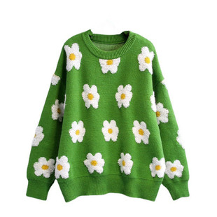 2023 cross-border Amazon autumn and winter new three-dimensional Daisy thickened black and white contrast knitted sweater pullover women