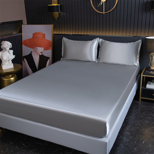 Summer solid color ice silk bed hat one-piece skin-friendly cooling mattress protector non-slip bedspread foreign trade bed sheet three-piece set