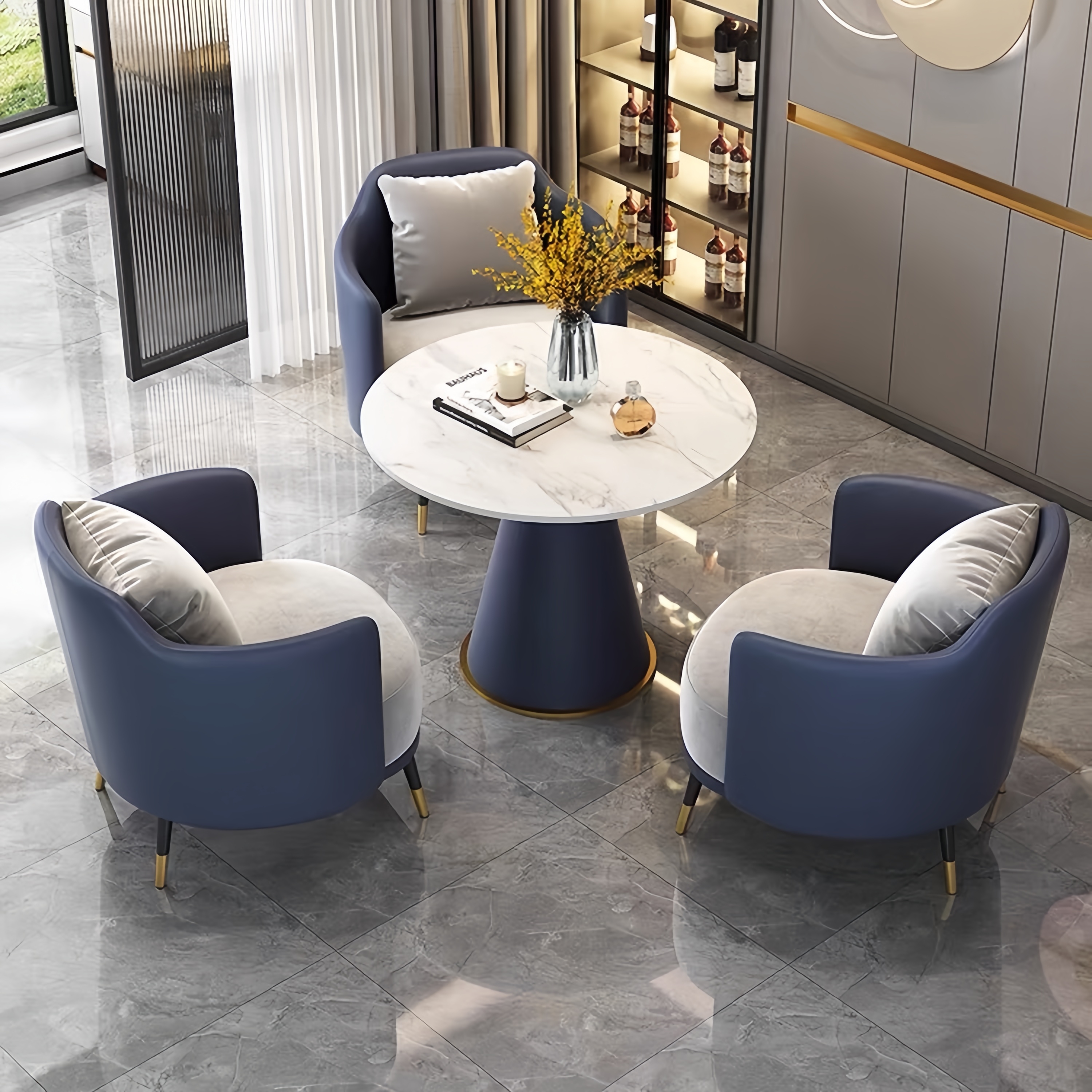 One Table and Three Chairs Dark Blue