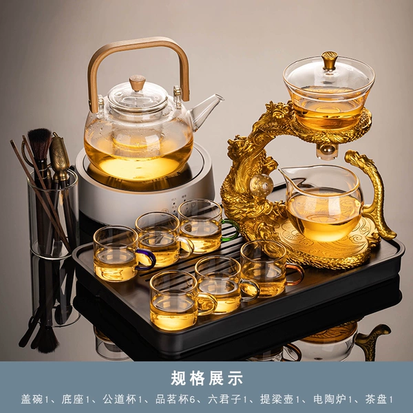Transparent golden "Long Xiao Nine Days" Automatic Tea Club+Six Color Cup+Tea Ceremony+Walnut Daban Fang Diimide Plate+Bamboo Hard Boil Tea+Jane Q17 Electric Ceramics Furnace White