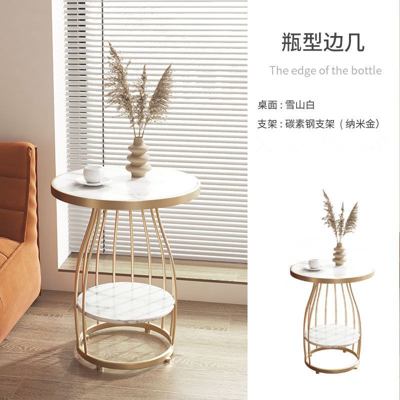 Gold Iron Frame + White Board Surface Bottle-Shaped Double-Layer Rock Slab Side Table