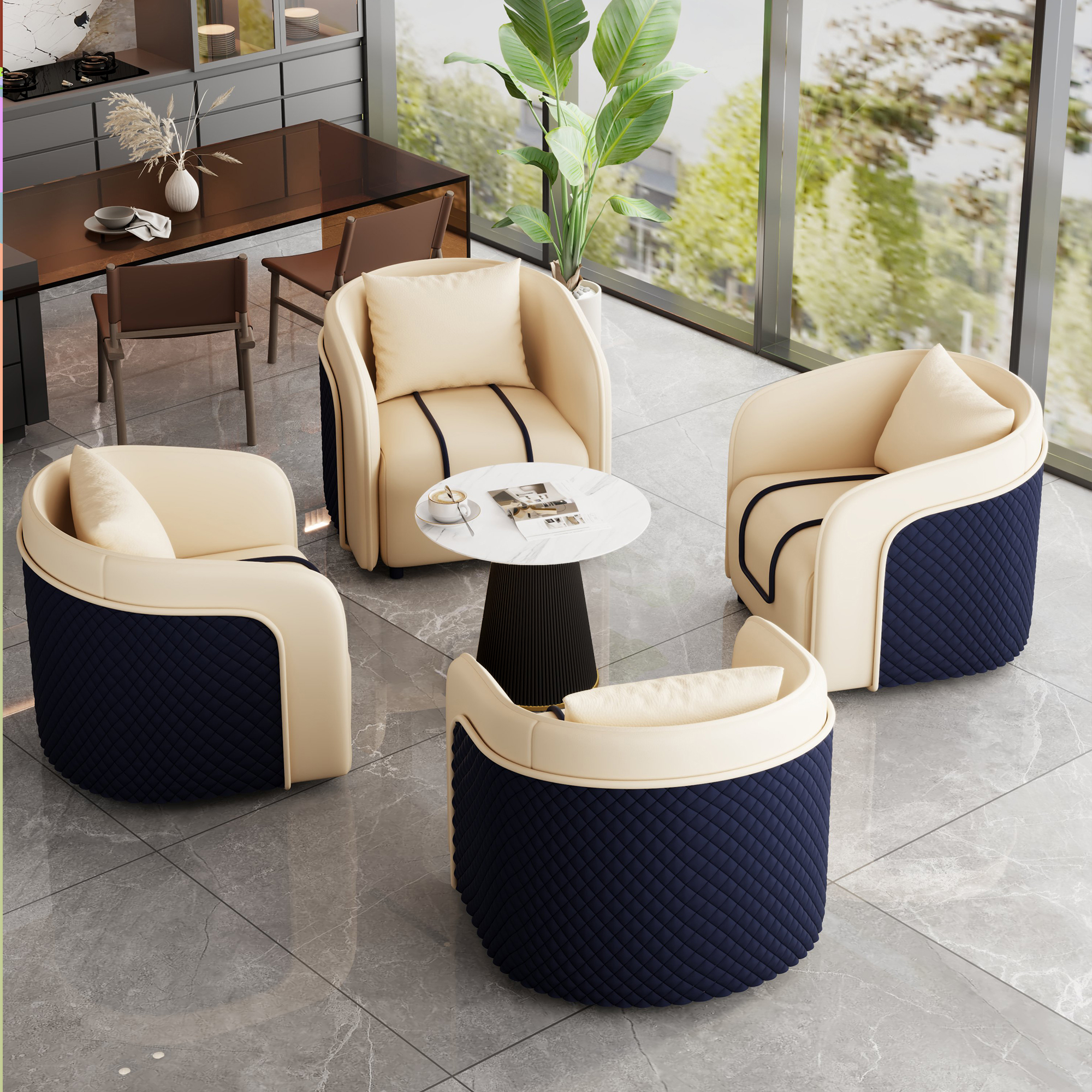 Off-White Table and 4 Chairs [Black Coffee Table]