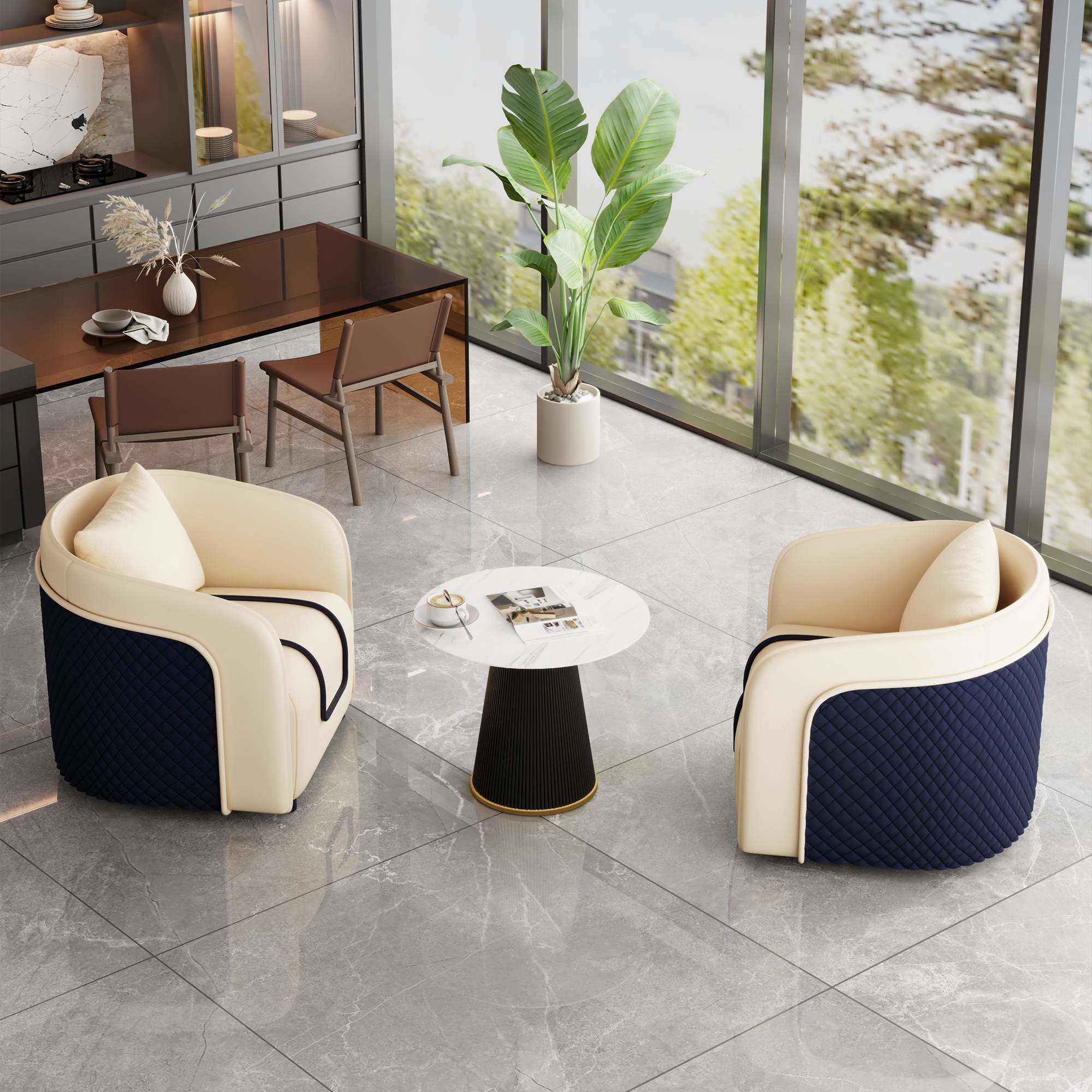 Off-White Table and Two Chairs [Black Coffee Table]