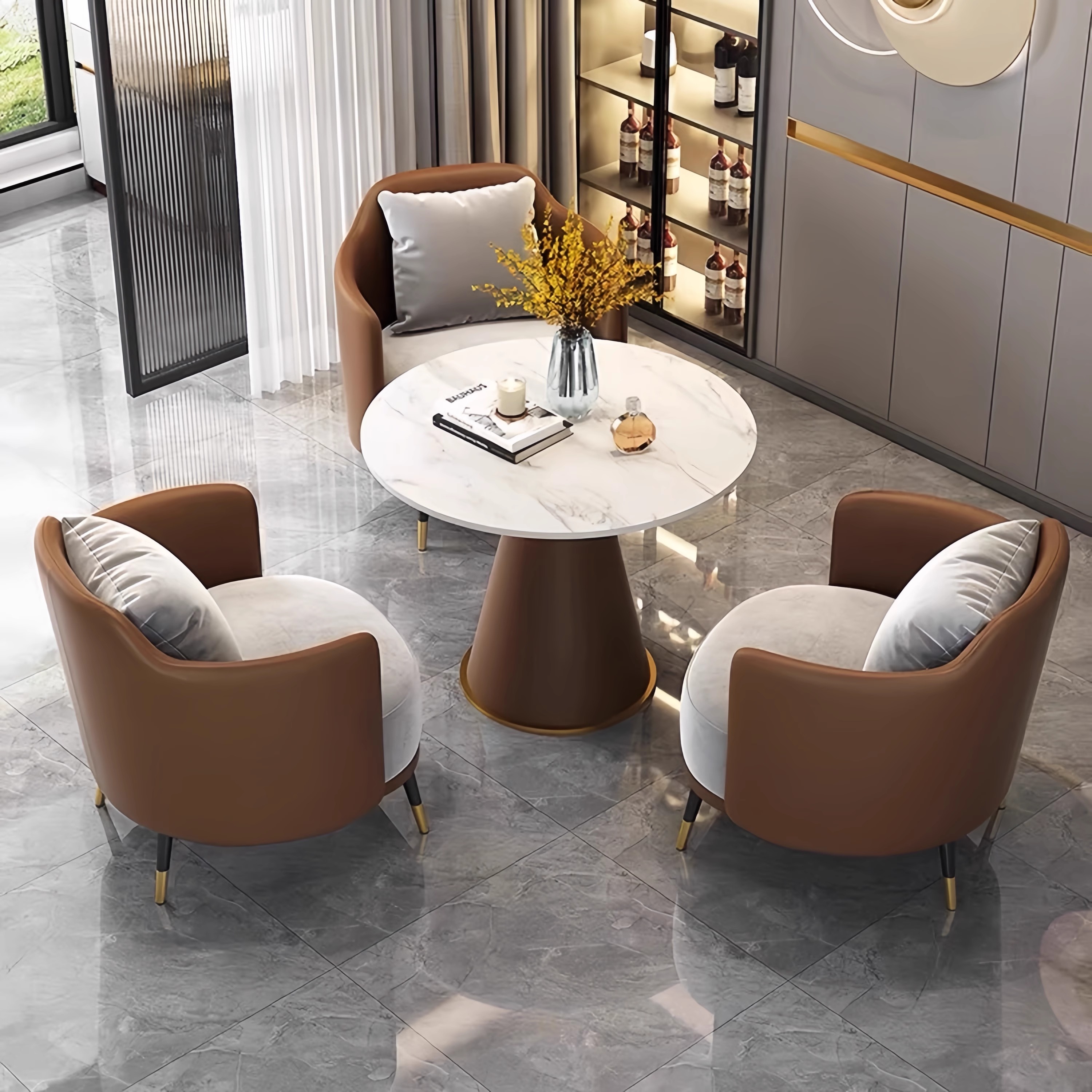 One Table and Three Chairs in Coffee Color