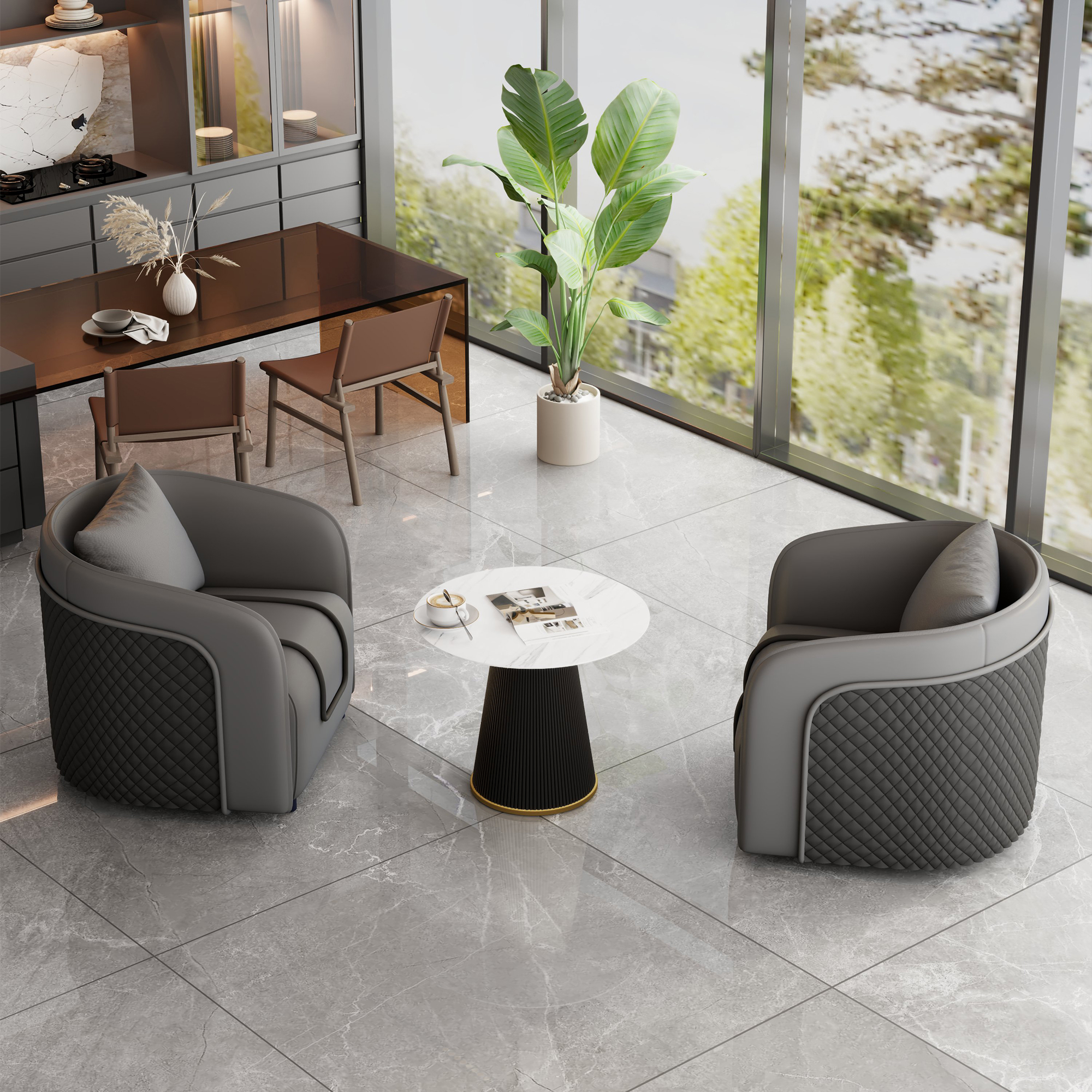 Gray Table and Two Chairs [Black Coffee Table]