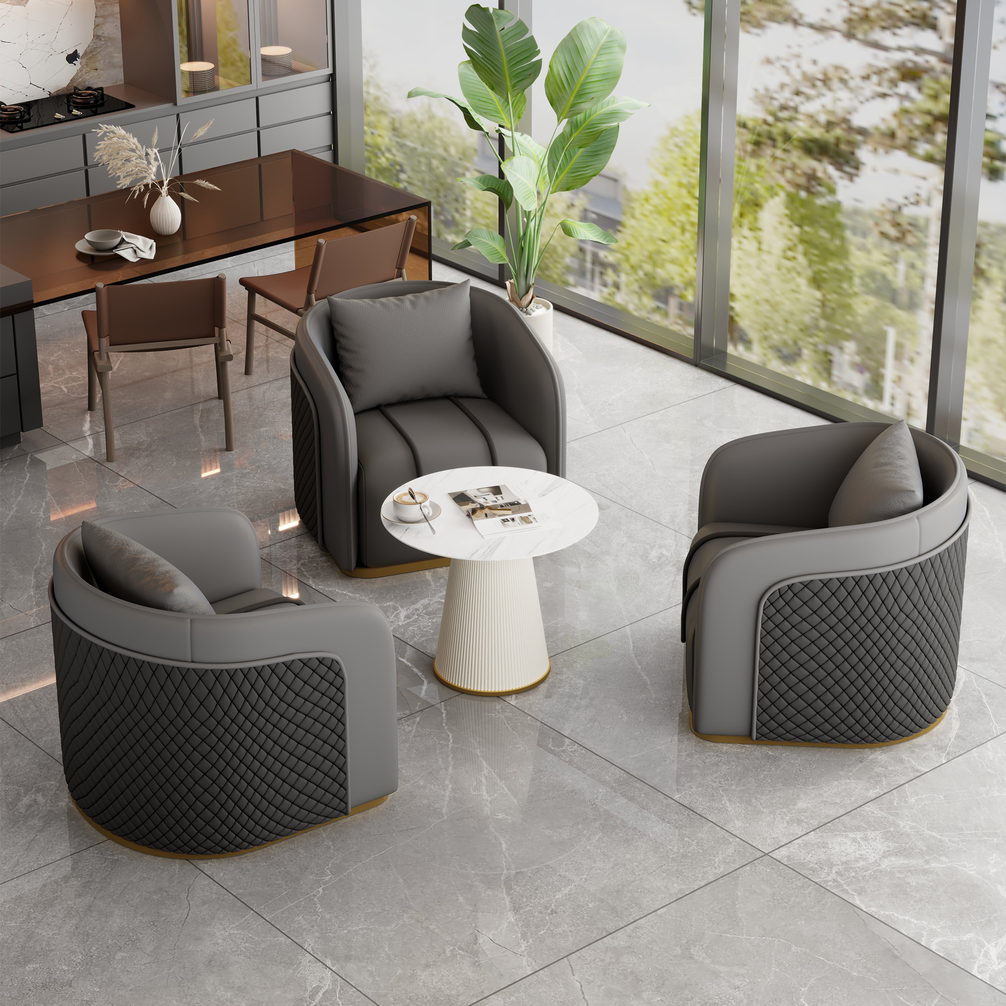 One Table and Three Chairs Gray [White Coffee Table]