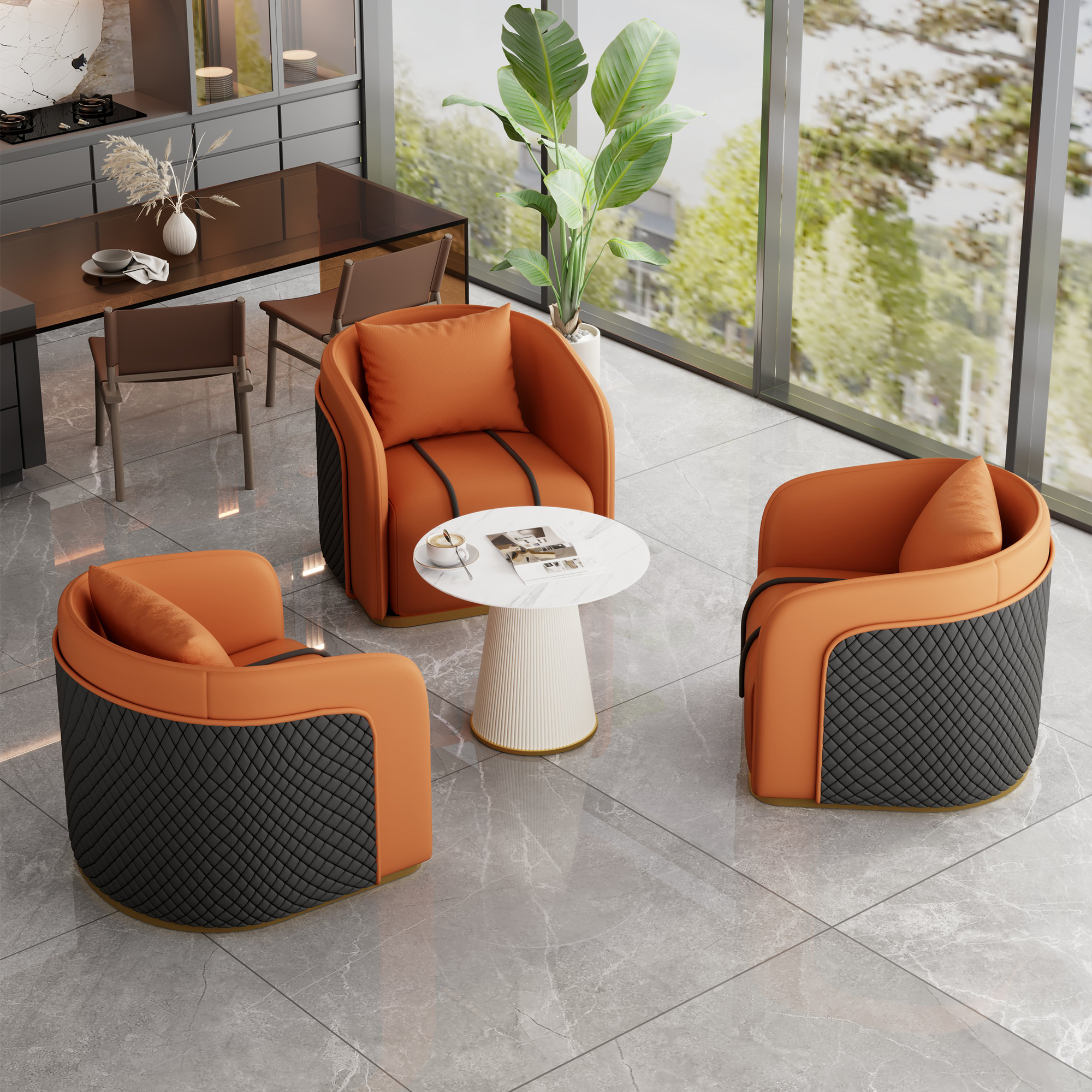 One Table and Three Chairs Orange [White Coffee Table]
