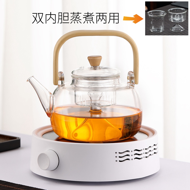Bamboo Handle Steaming Teapot, Model A, with White Electric Ceramic Stove