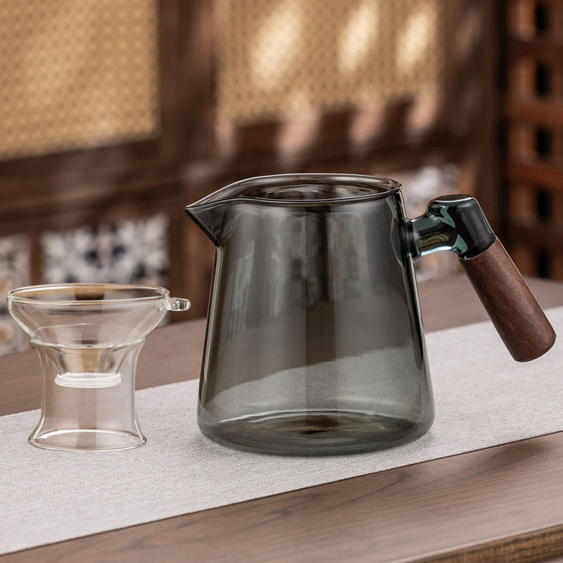 Walnut Wood Handle Smoky Gray Glass Pitcher with Infuser