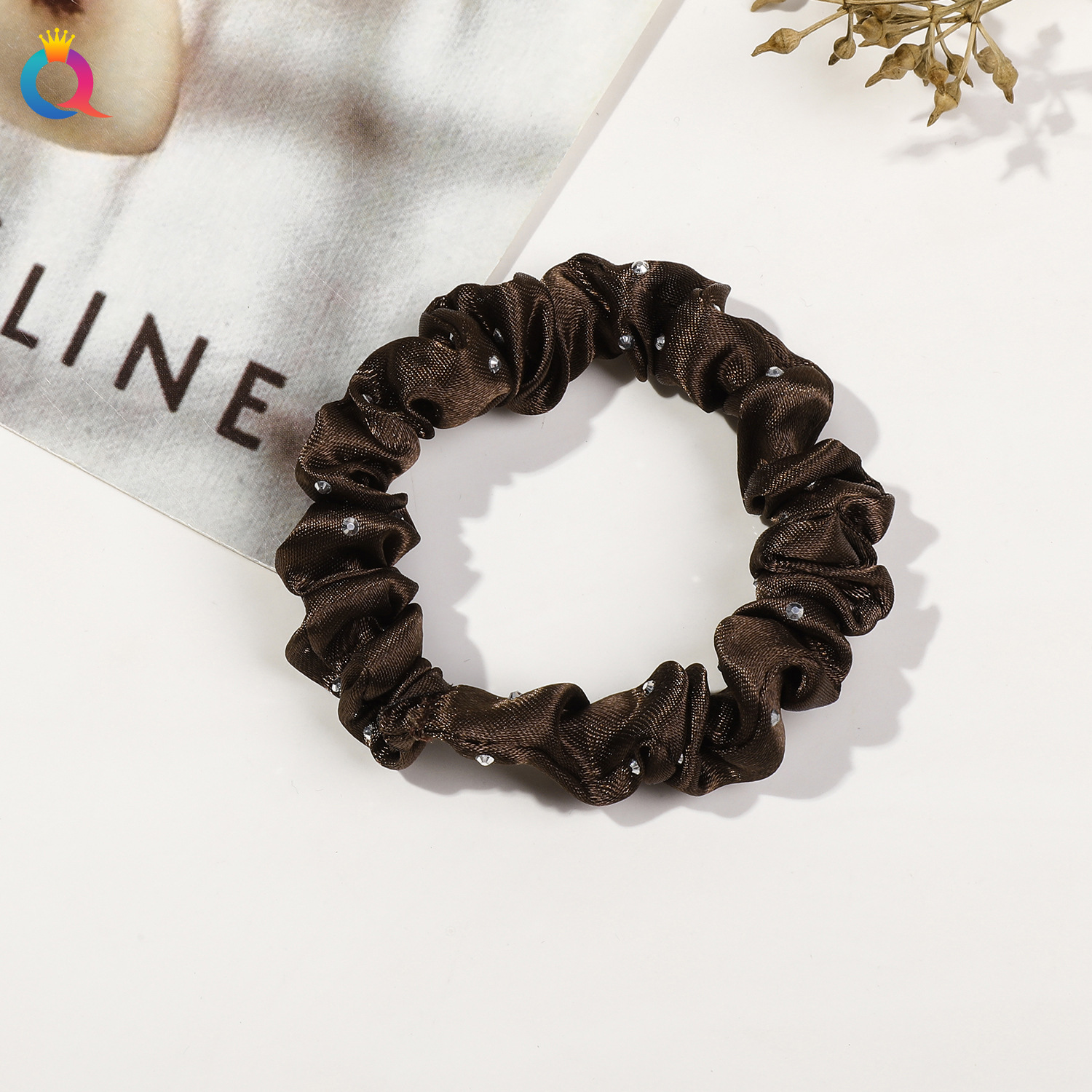 Satin Fine Rhinestone Hair Tie - Black Coffee