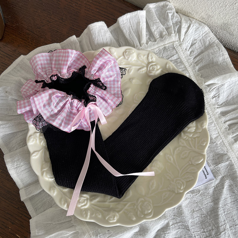 Pink Plaid Black Edge Black Socks