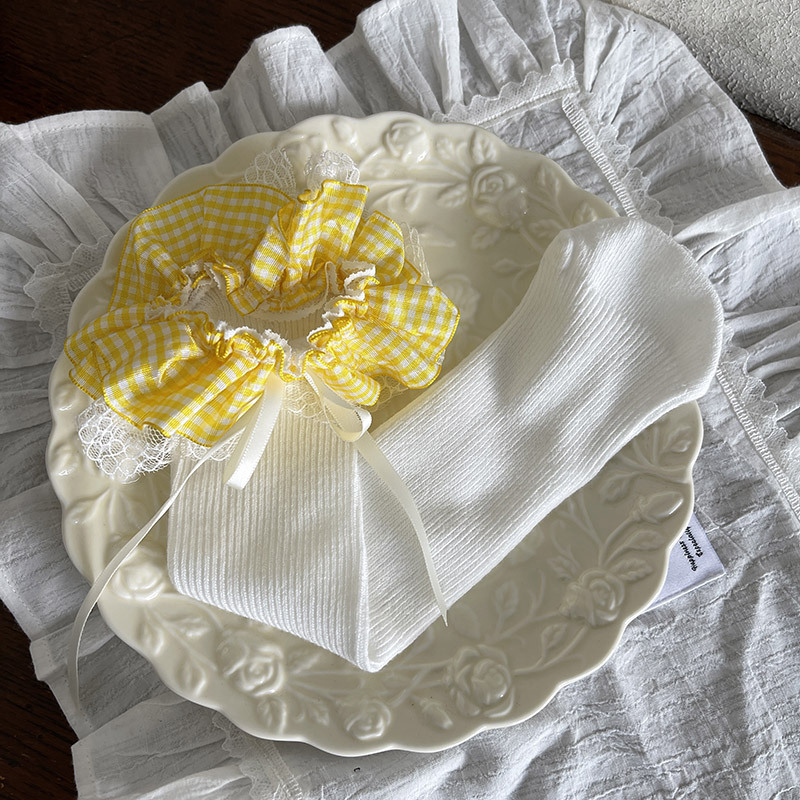 Yellow Grid Apricot Knot White Edge White Socks