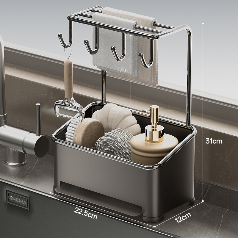 [Square-Row Draining] Gun Grey + Cloth Rod + Positive Hook-Countertop 