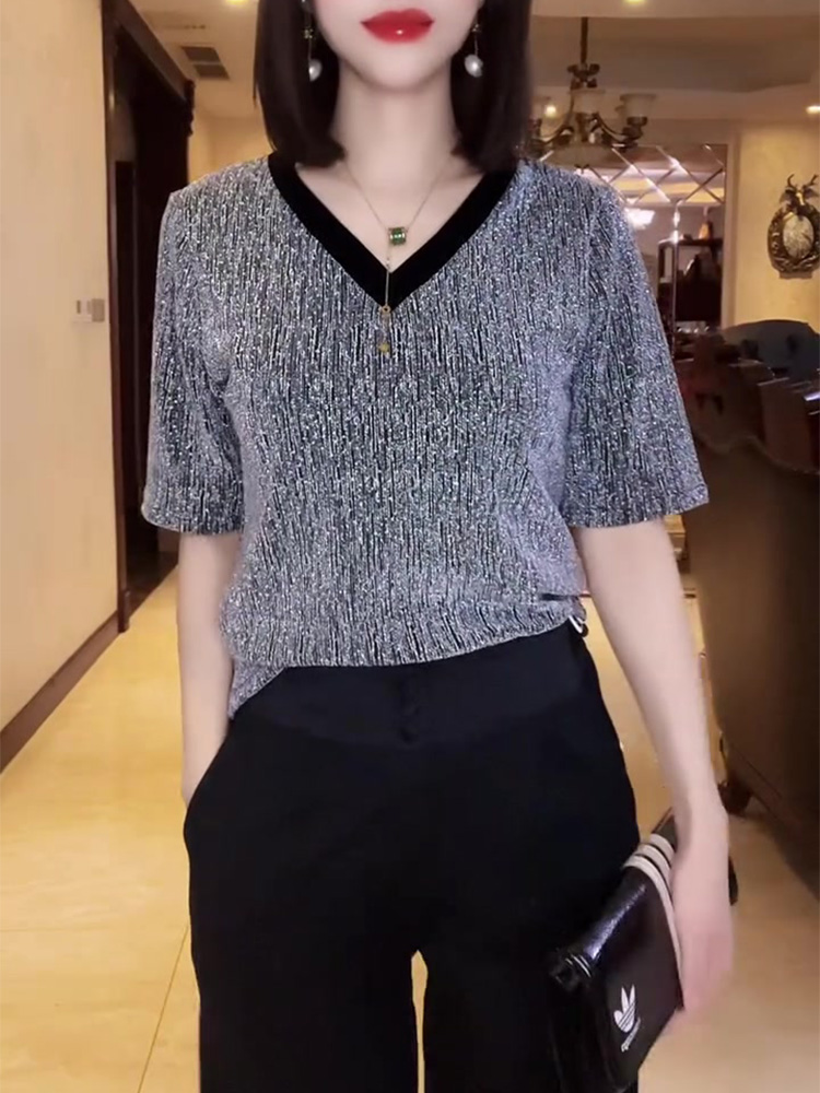 Silver Sequined Short-Sleeved Top