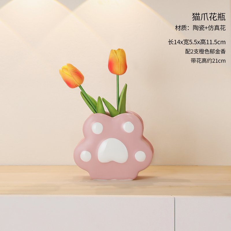 Dark Pink Cat Claw Vase + 2 Orange Tulips