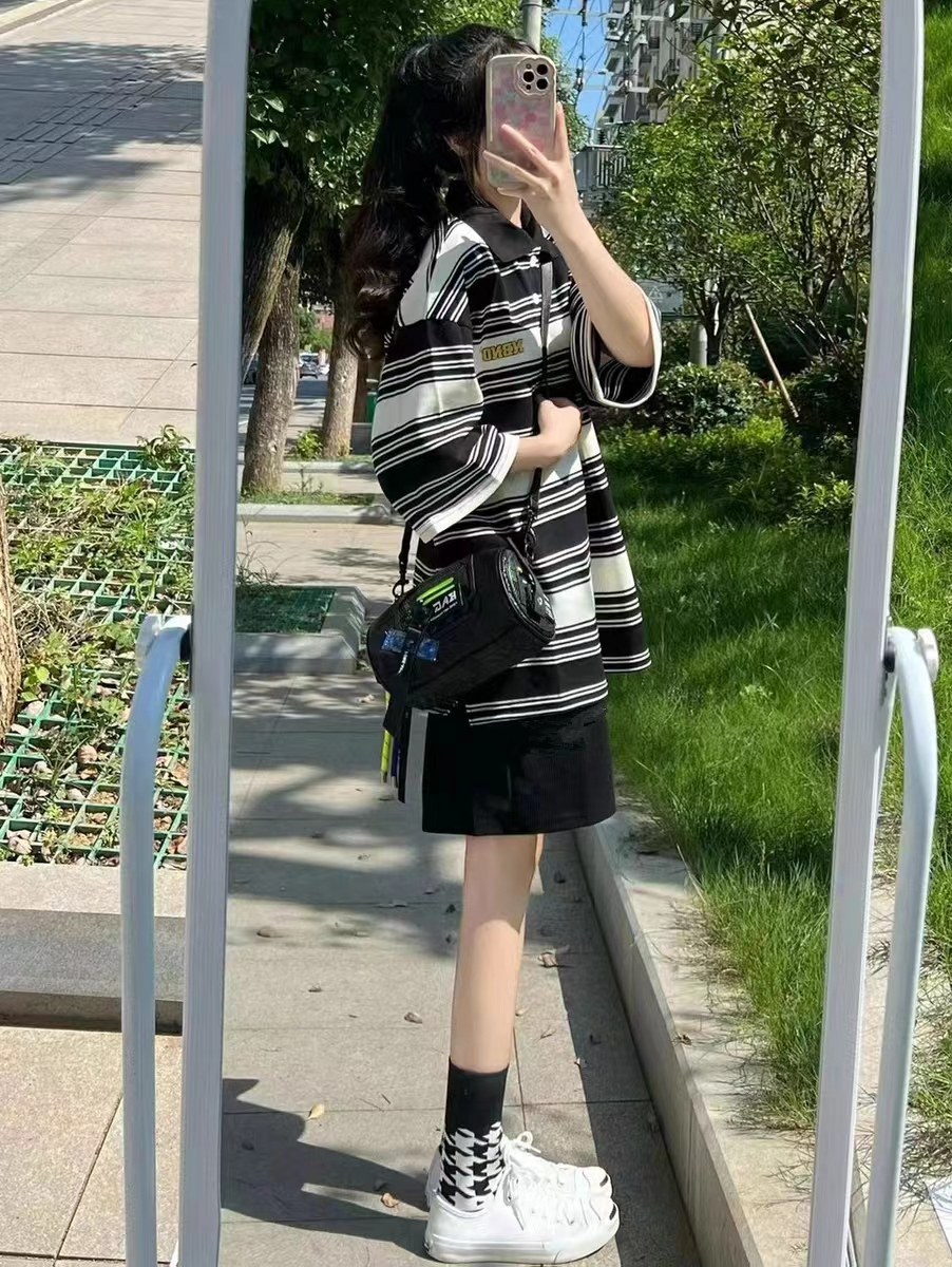 Striped Top + Black Shorts