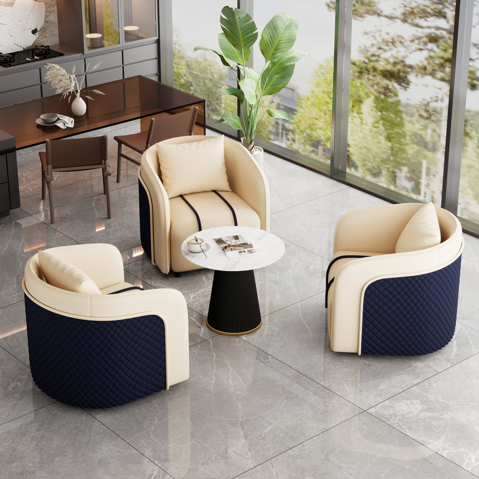 One Table and Three Chairs Off-White [Black Coffee Table]