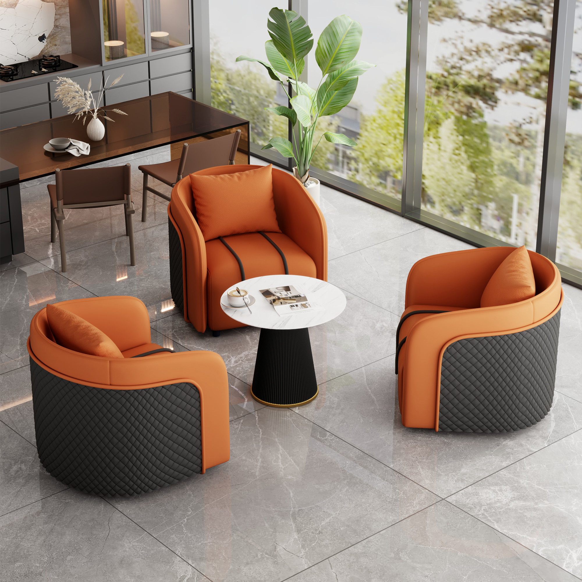 One Table and Three Chairs Orange [Black Coffee Table]