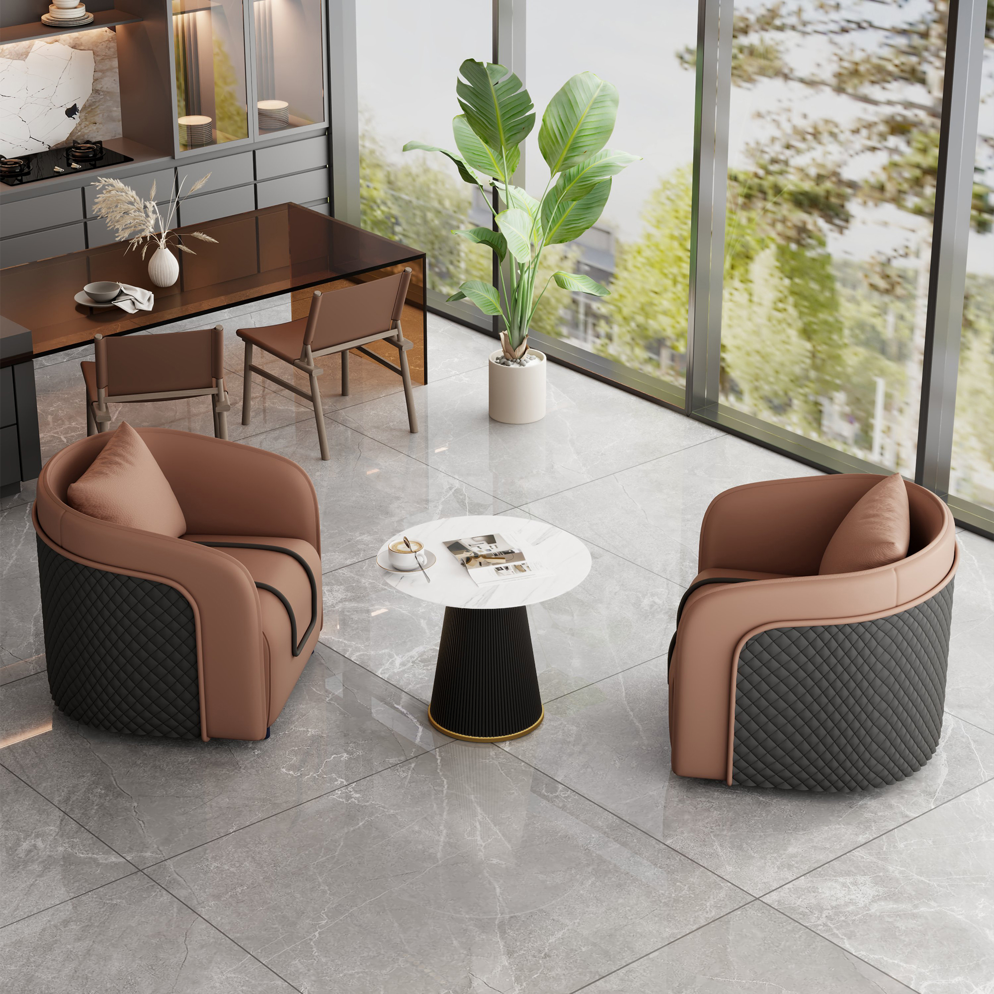 Brown Table and Two Chairs [Black Coffee Table]