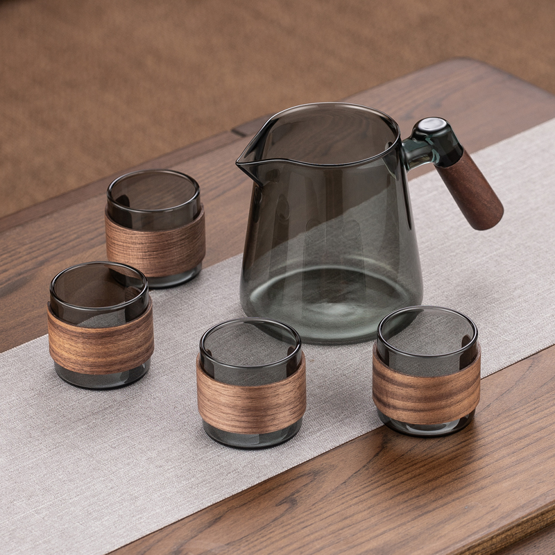 Walnut Wood Handle Smoky Gray Glass Pitcher Set + 4 Smoky Gray Wooden Frame Cups