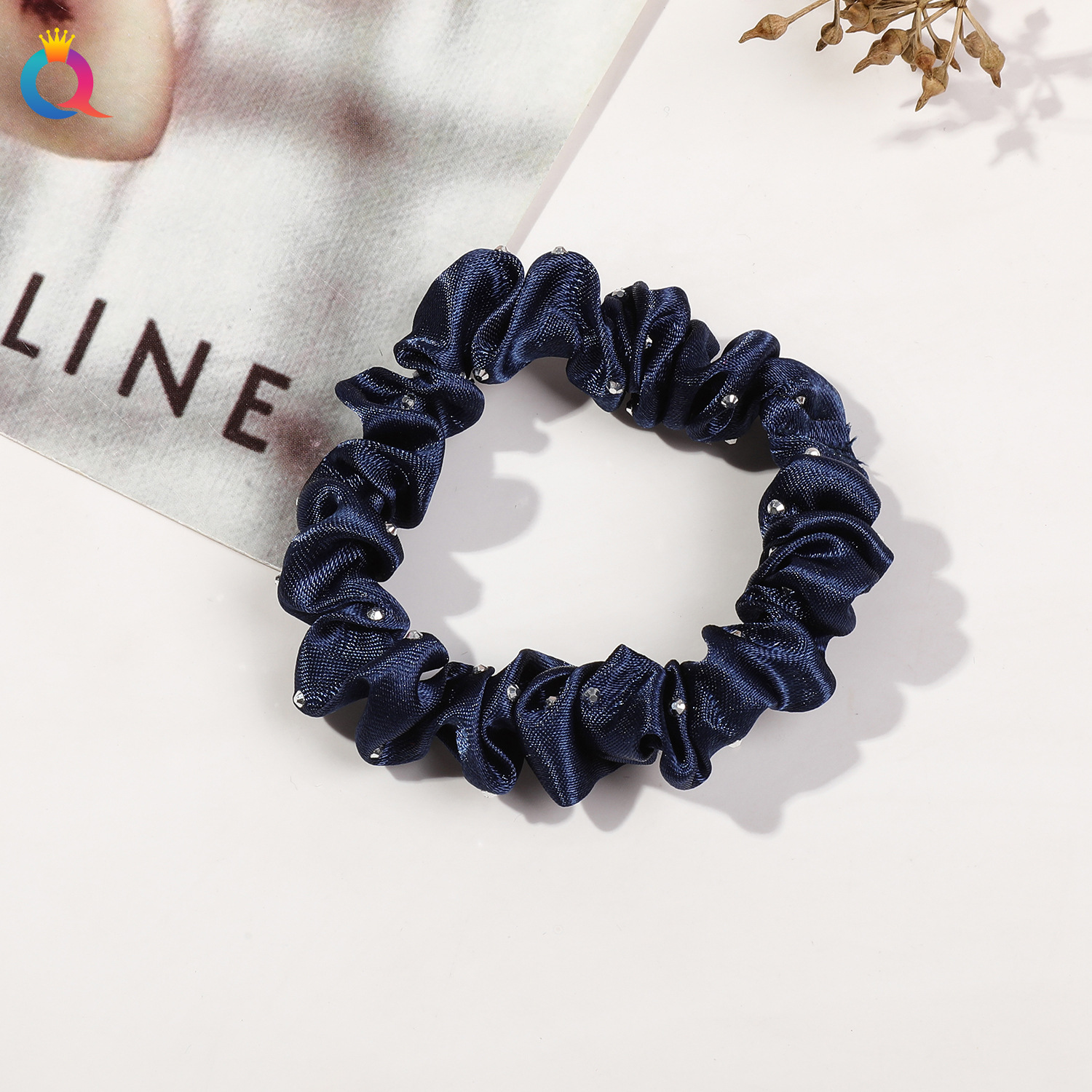 Satin Fine Diamond Hair Tie-Navy Blue