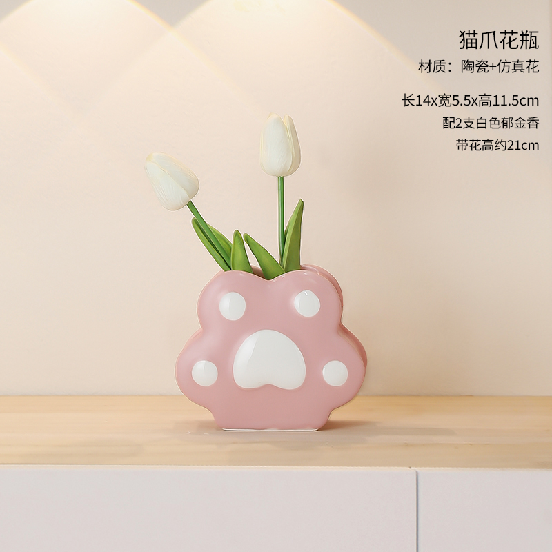 Dark Pink Cat Claw Small Vase + 2 White Tulips