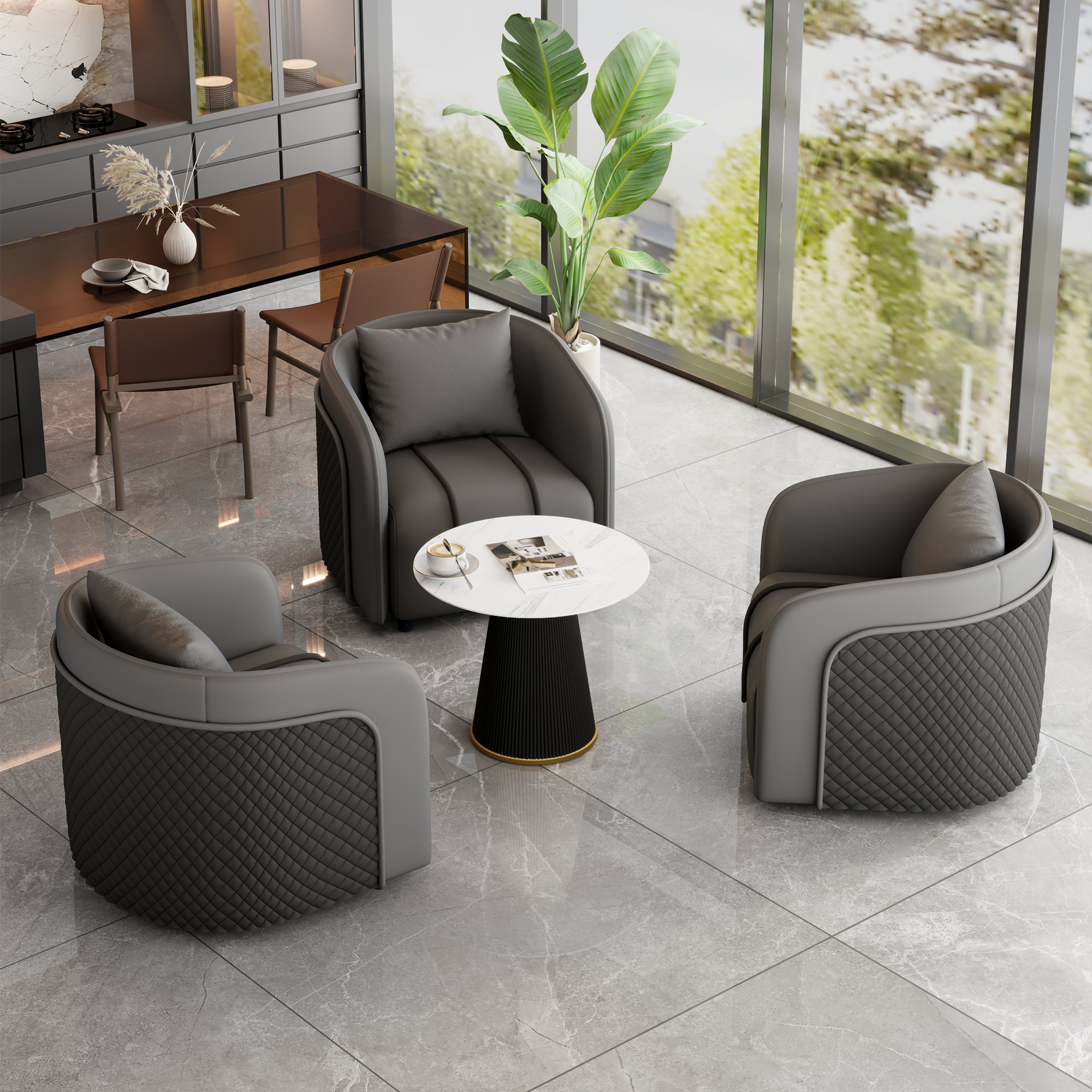 One Table and Three Chairs Gray [Black Coffee Table]